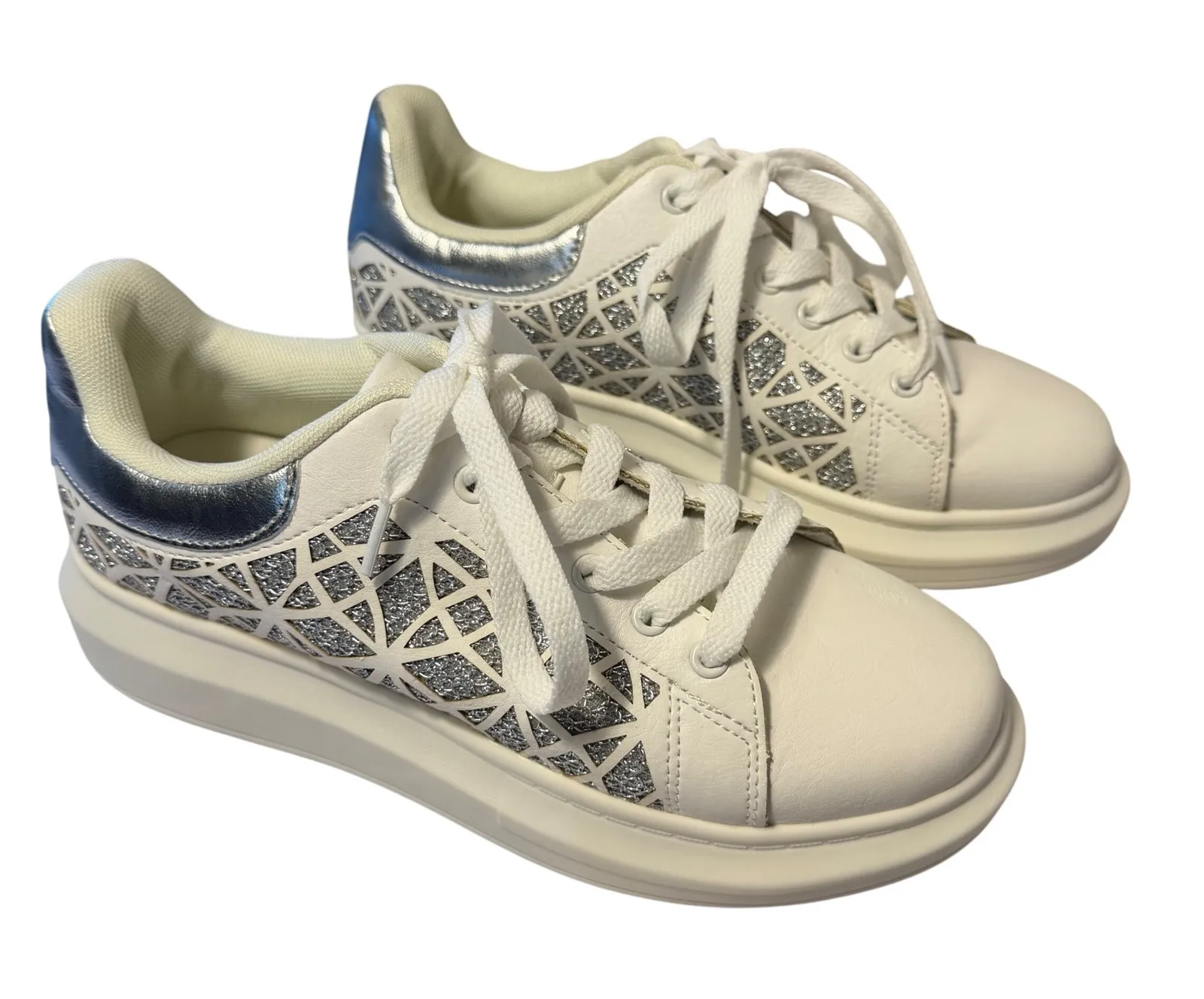 Midnight Velvet White & Silver Platform Sneakers Geometric Cutout EU 41 / US 10 - Image 1