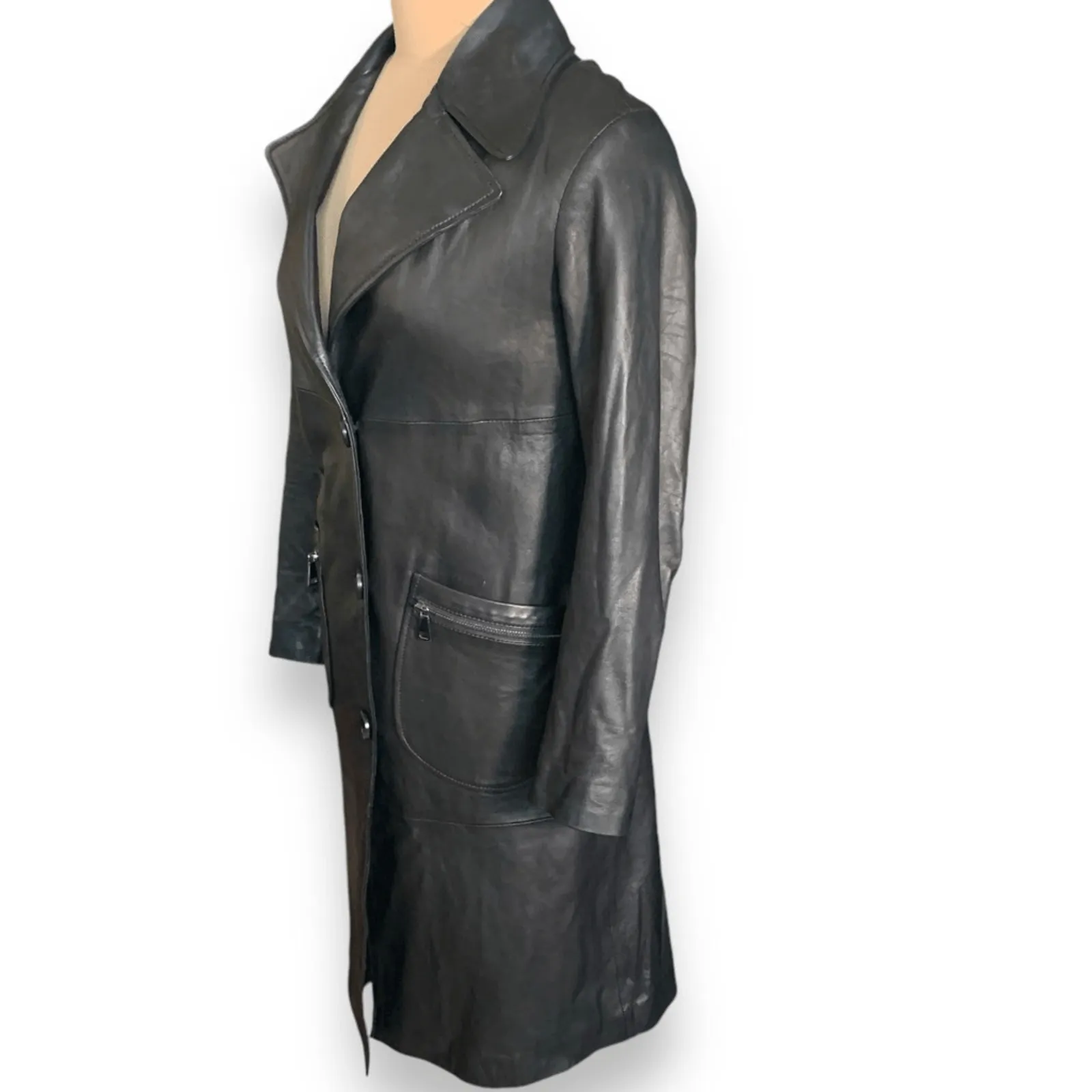 Vintage Black Leather Longline Coat LUnivers Du Luxe Size 40 Classic Minimalist - Image 8