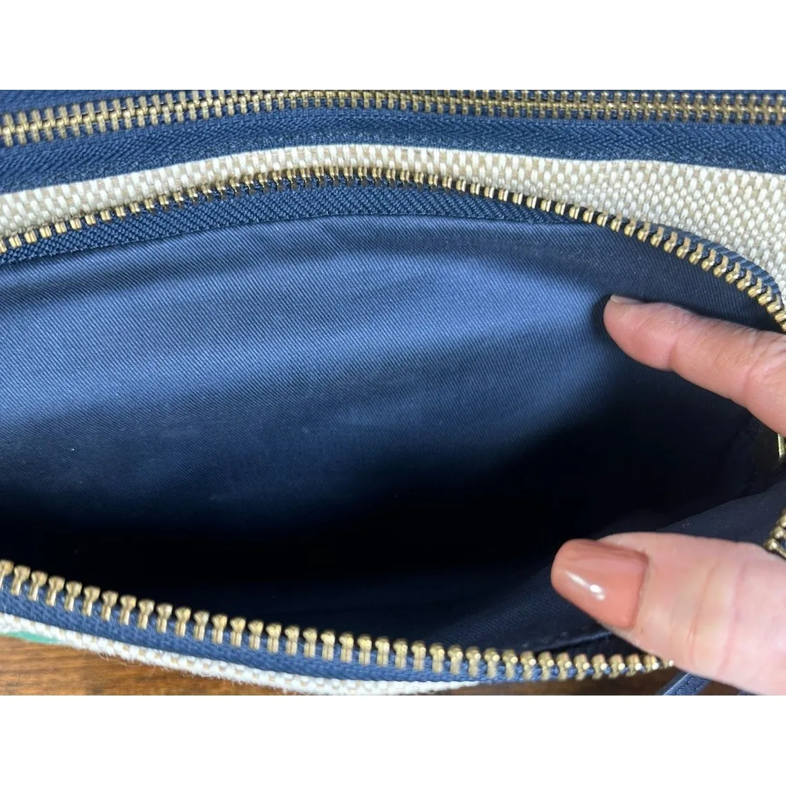 Fossil Devon Crossbody Handbag Woven Tweed And Navy Blue And Teal Green Zippers - Image 15