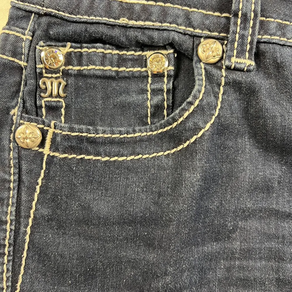 Miss Me Skinny Jeans Dark Wash Embellished Flap Pockets Thick Stitching Size 30 - Image 6