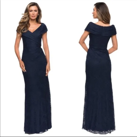 La Femme Navy Lace Off Shoulder Gown Size 2 - Image 2