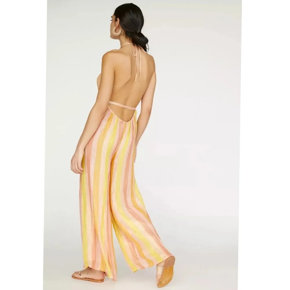 NWT ANTHROPOLOGIE SUNDRESS SOPHIE STRIPE HALTER LINED JUMPSUIT ROMPER PEACH M/L - Image 2