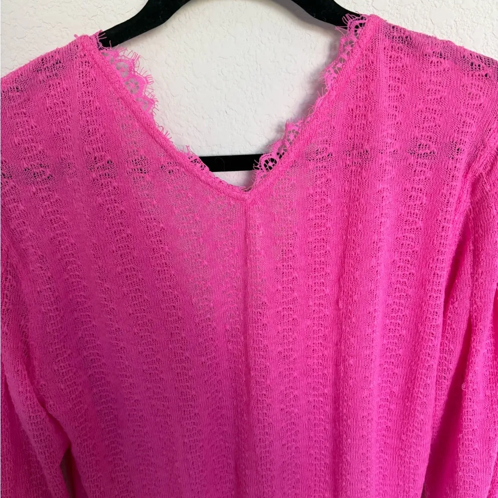 Free People Dream Girl Hot Pink V-Neck Bishop-Sleeve Sheer Knit Sweater Small - Image 8