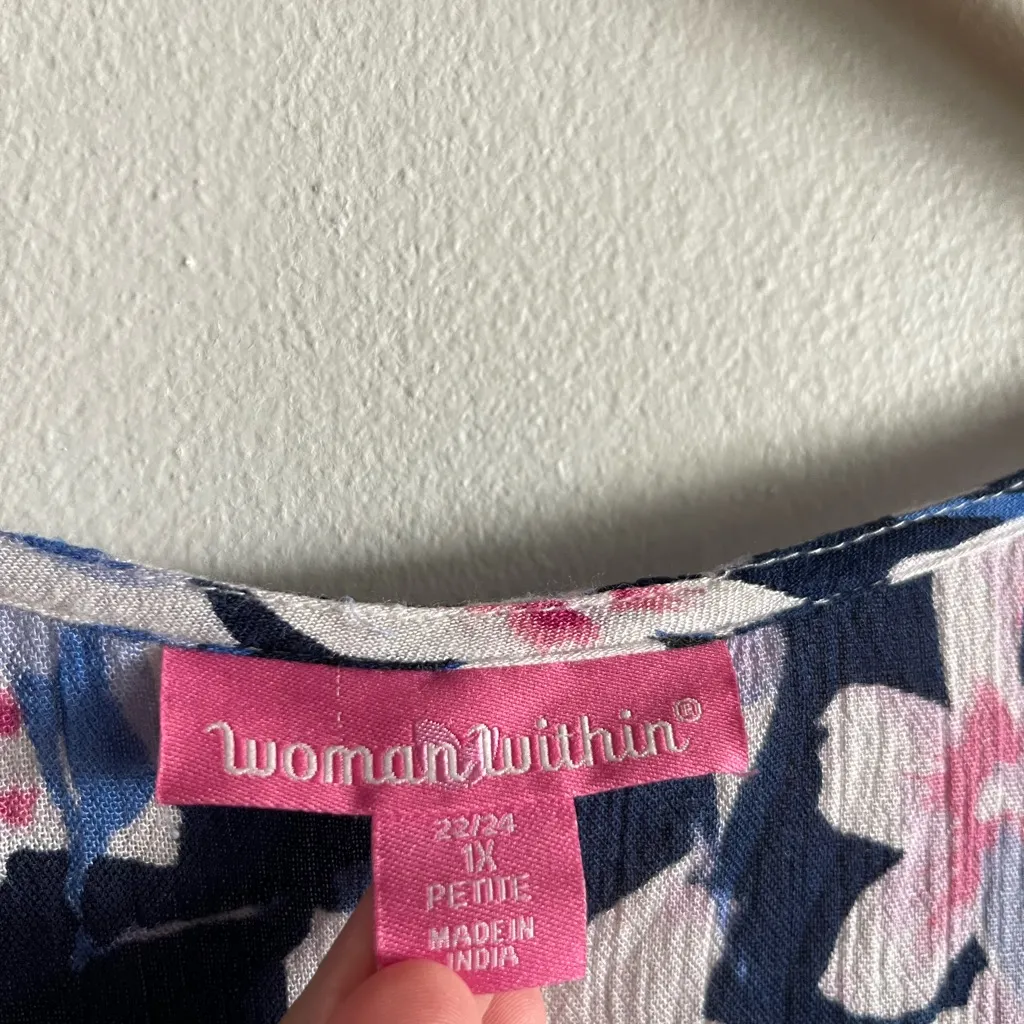 Woman Within Floral Crinkle Maxi Dress 1X 22/24 Petite Navy Pink Rayon Boho - Image 4