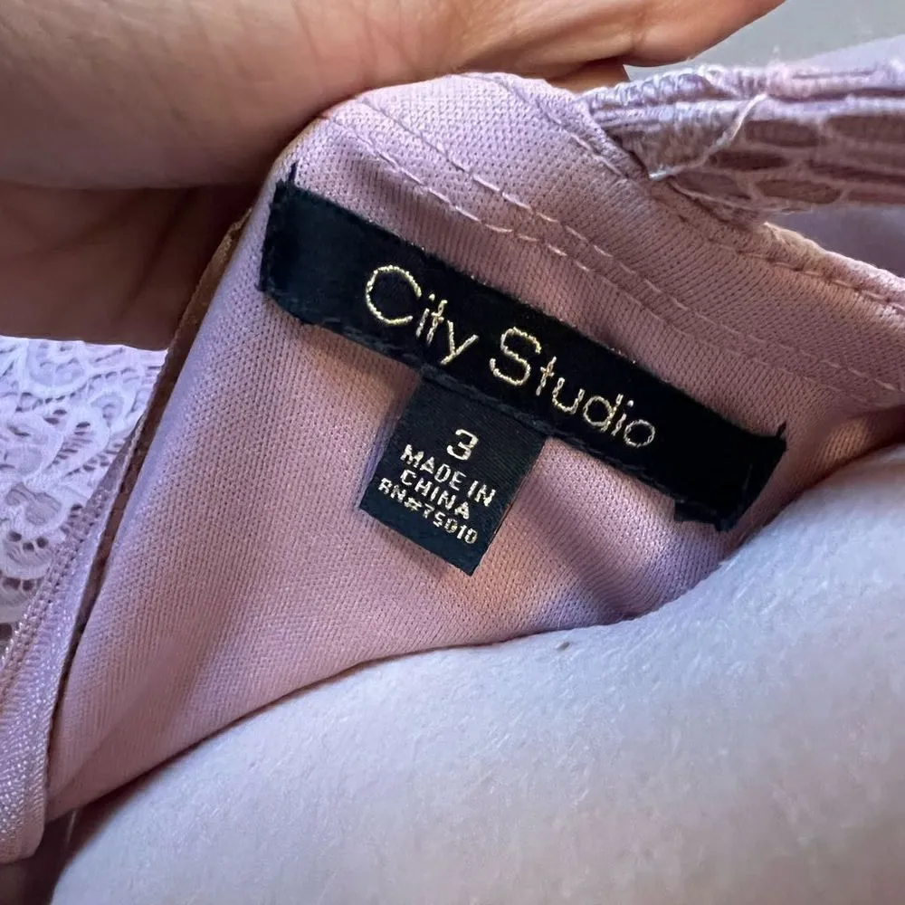 City Studios Lace Illusion Fit & Flare Dress High Neck Mini Blush 3 XS $55 - Image 7