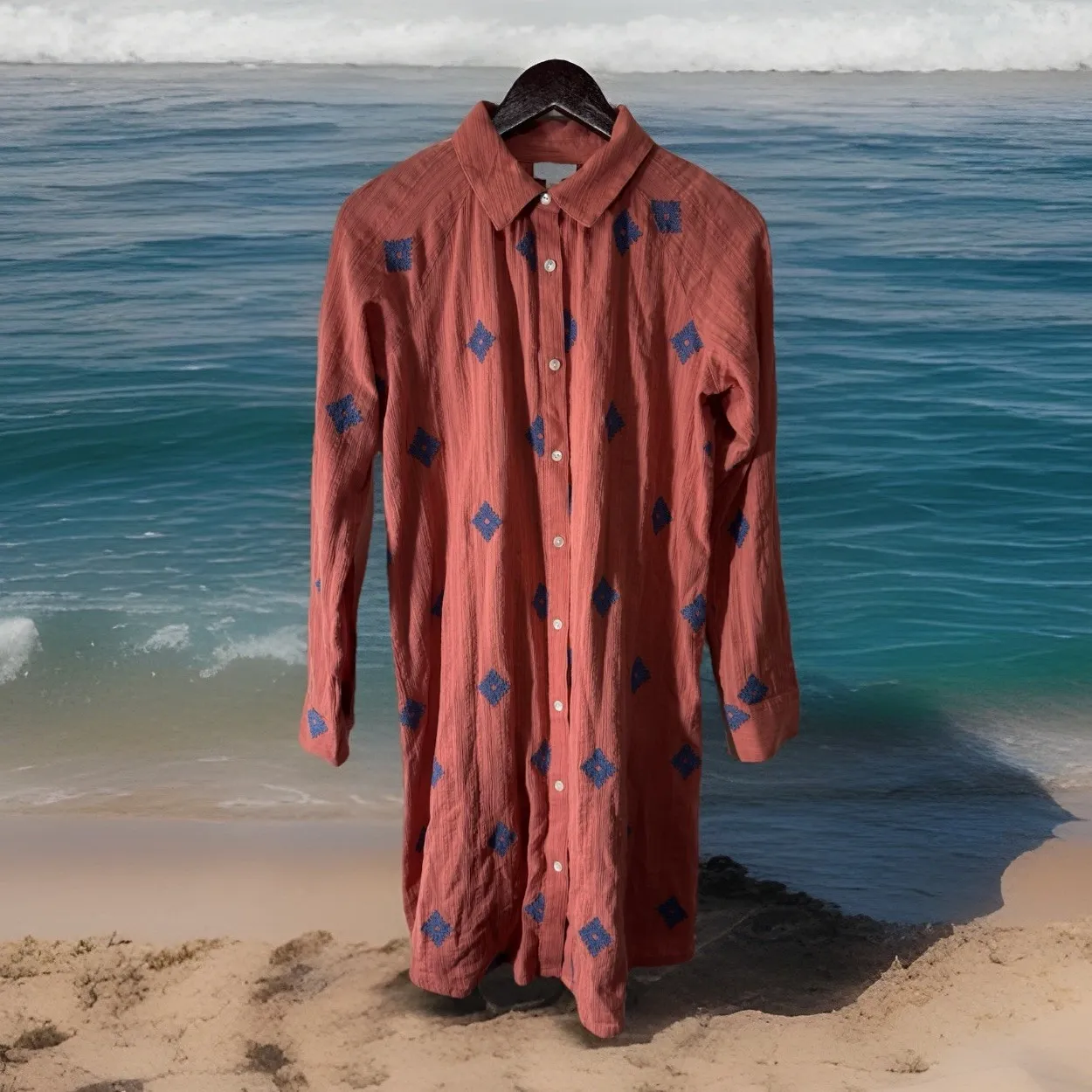 J. Jill PureJill XS Shirt Dress Long Sleeve Coral Embroidered Print Boho Cottage Pink - Image 2