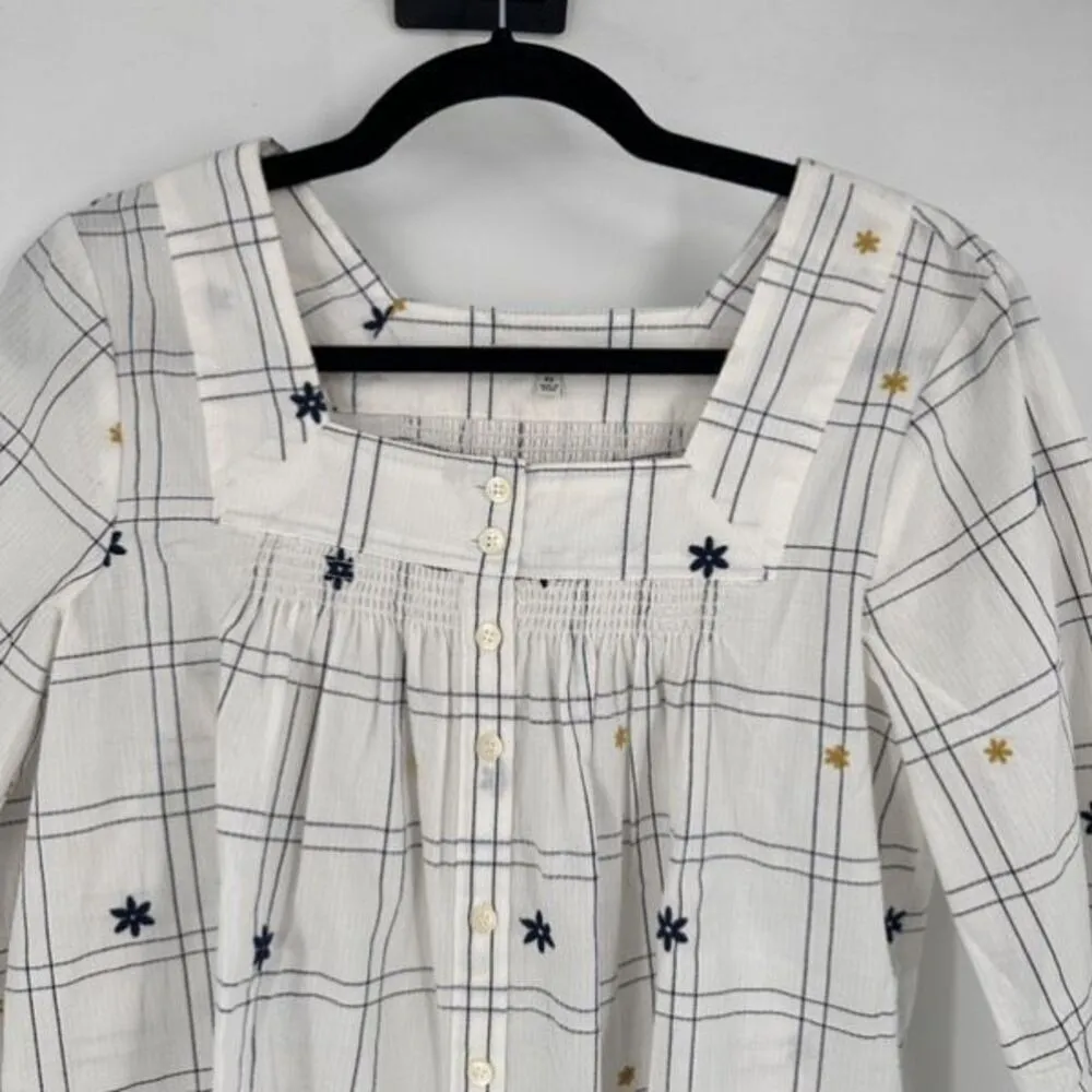 Madewell Embroidered Windowpane Square-Neck Button-Down‎ Top White White Wash XS - Image 8