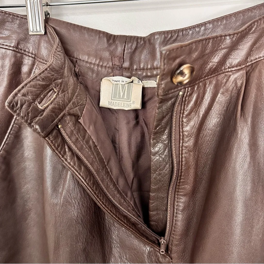 Vintage Madeline 100% Leather Brown Triple Pleated High Waist Trouser Size 4 US - Image 6