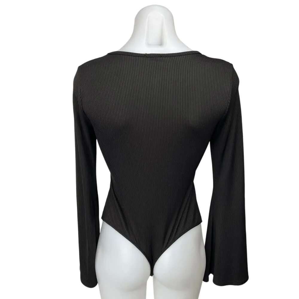 Free People Black Ribbed Scoop Neck Long Bell Sleeve Thong Bodysuit Top Size S - Image 2