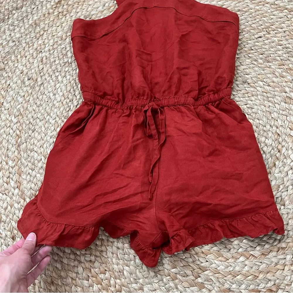 Beach Dark Rust Orange High Neck Halter Linen Blend Romper - Image 2