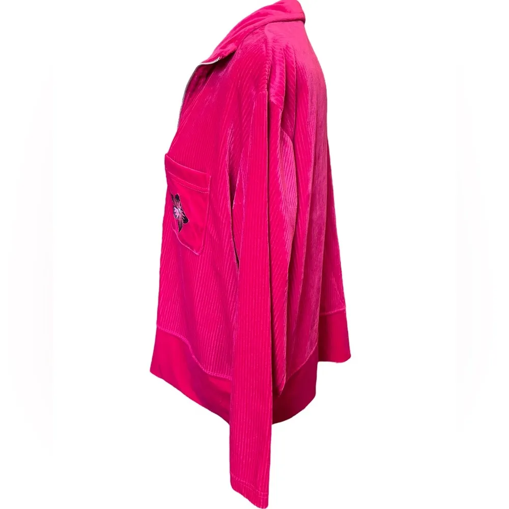 Jaclyn Smith Sport Vintage 90s Pink Velvet Corduroy Tropical Floral Zip Jacket - Image 6