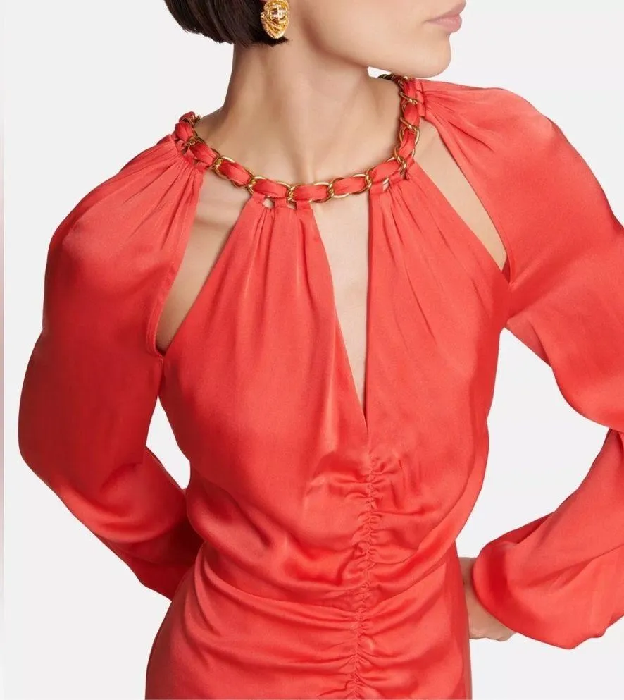 NWT VERONICA BEARD Fayla Silk Satin Ruched Chain Neck Midi Dress watermelon 8 - Image 2