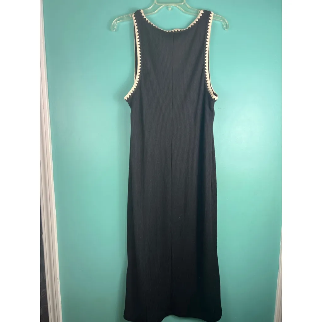 Women's H&M Black Ribbed Maxi Dress with Beige Trim Size L - Image 5