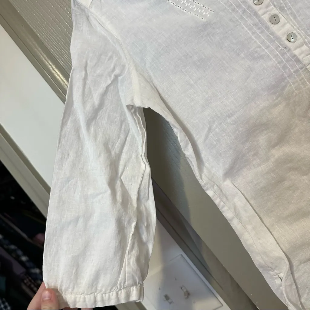 White Button-Up Tunic Top Chicos 0 Women Linen Cotton Quarter Sleeve Blouse - Image 3