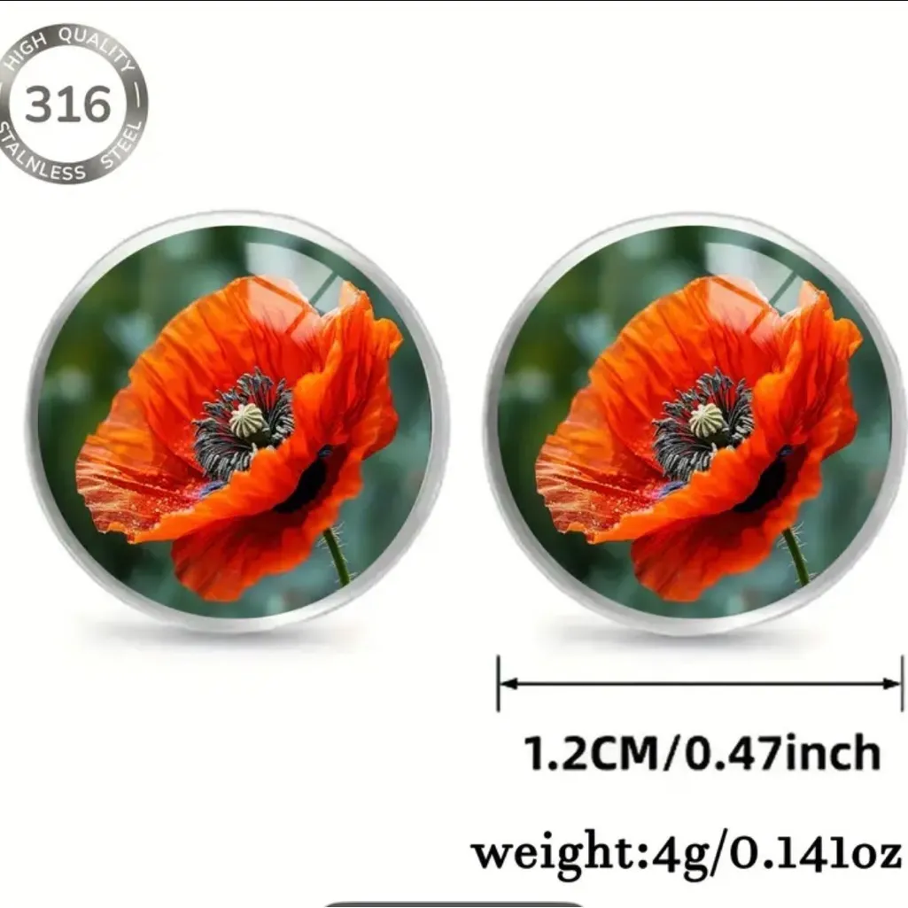 Red Poppy Bloom Veterans Armed Forces Remembrance Stud Earrings Stainless Steel Orange - Image 4