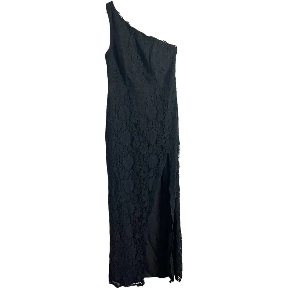Fame & Partners Selma Black Lace One Shoulder Slit Formal Gown Size 8 - Image 6