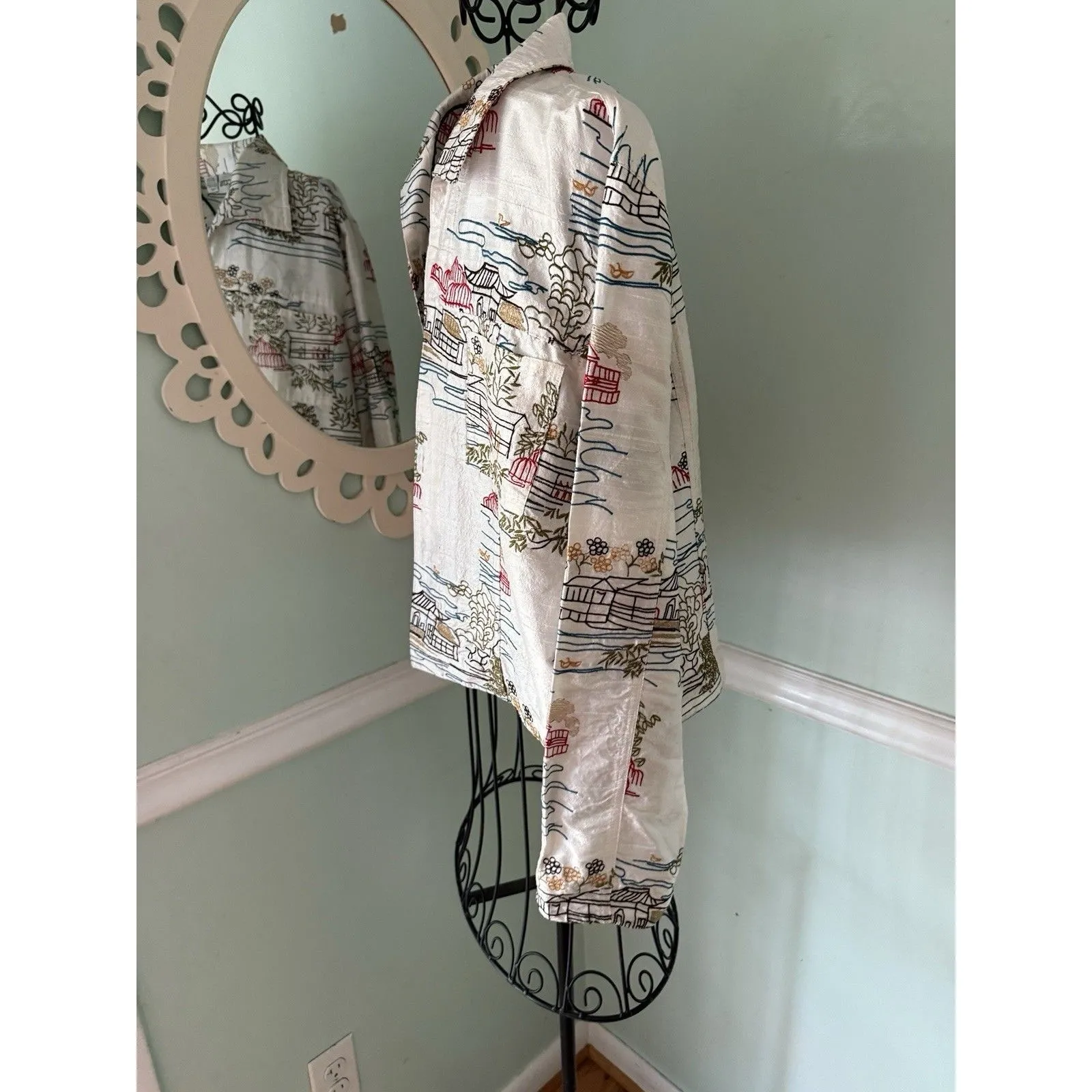 Chicos 1 Asian Mandarin silk White blazer jacket Temple Japan Art To Wear - Image 2