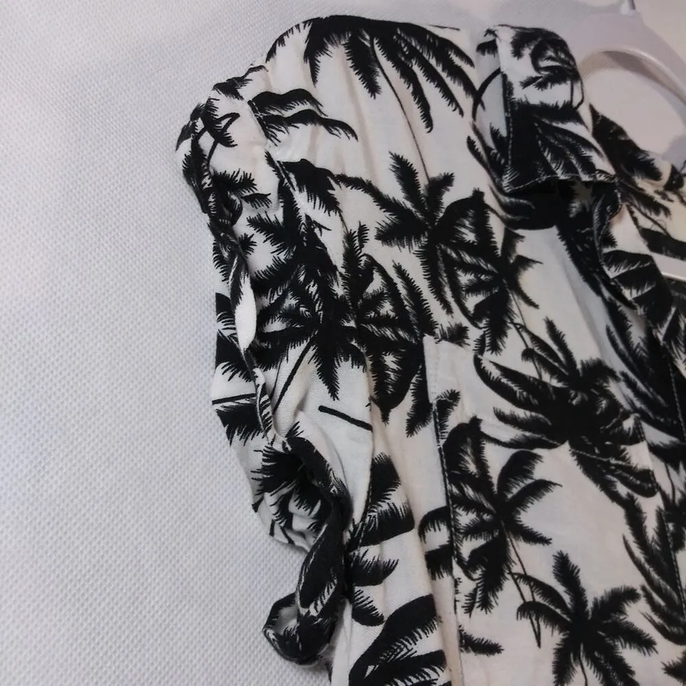 Jachs Girlfriend White Black Palm Tree Print Top High Low Button Front Size M - Image 4