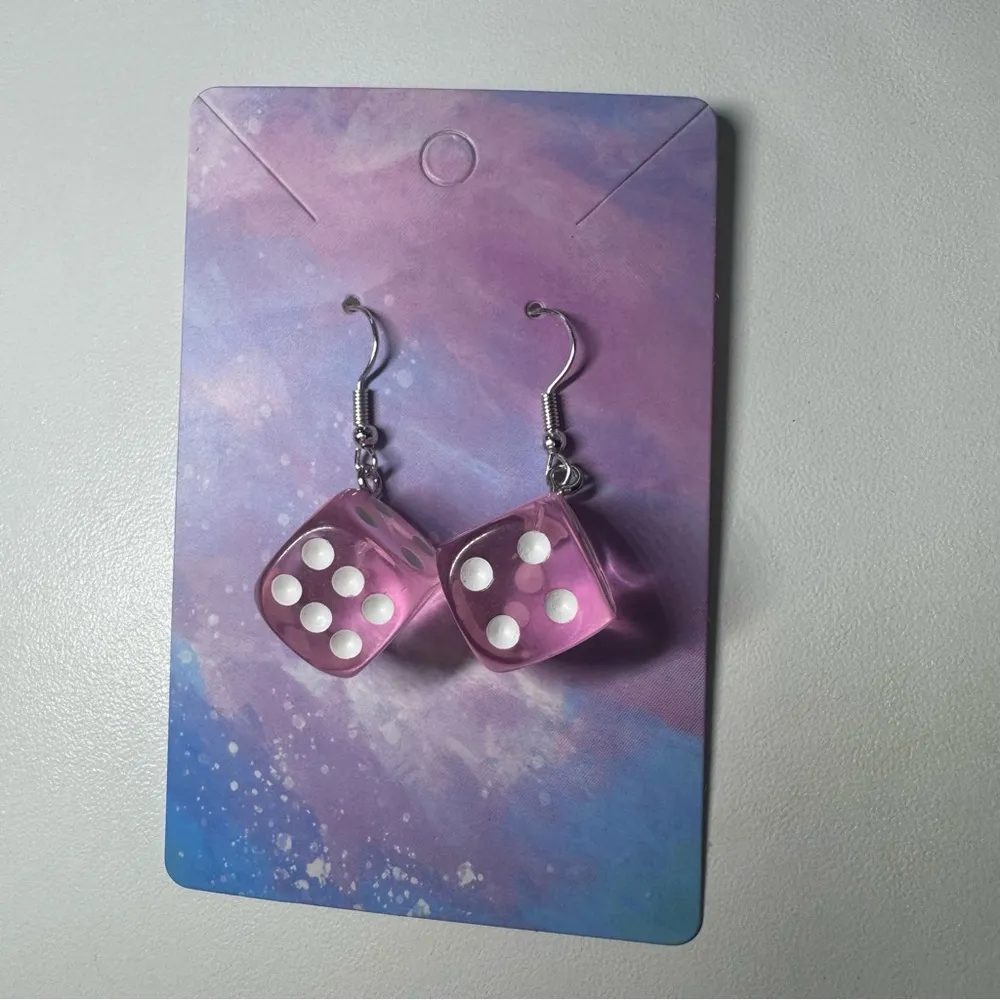 Pink dice stainless steel hooks dangle earrings - Image 2