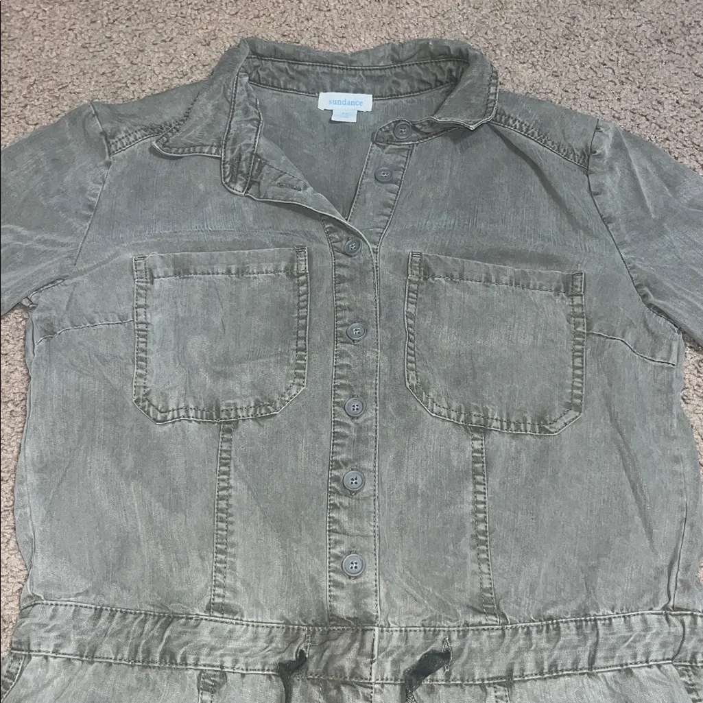 Sundance Wayside Jumpsuit Vintage Wash Roll-Tab Straight Leg Green Petite‎ Small - Image 5