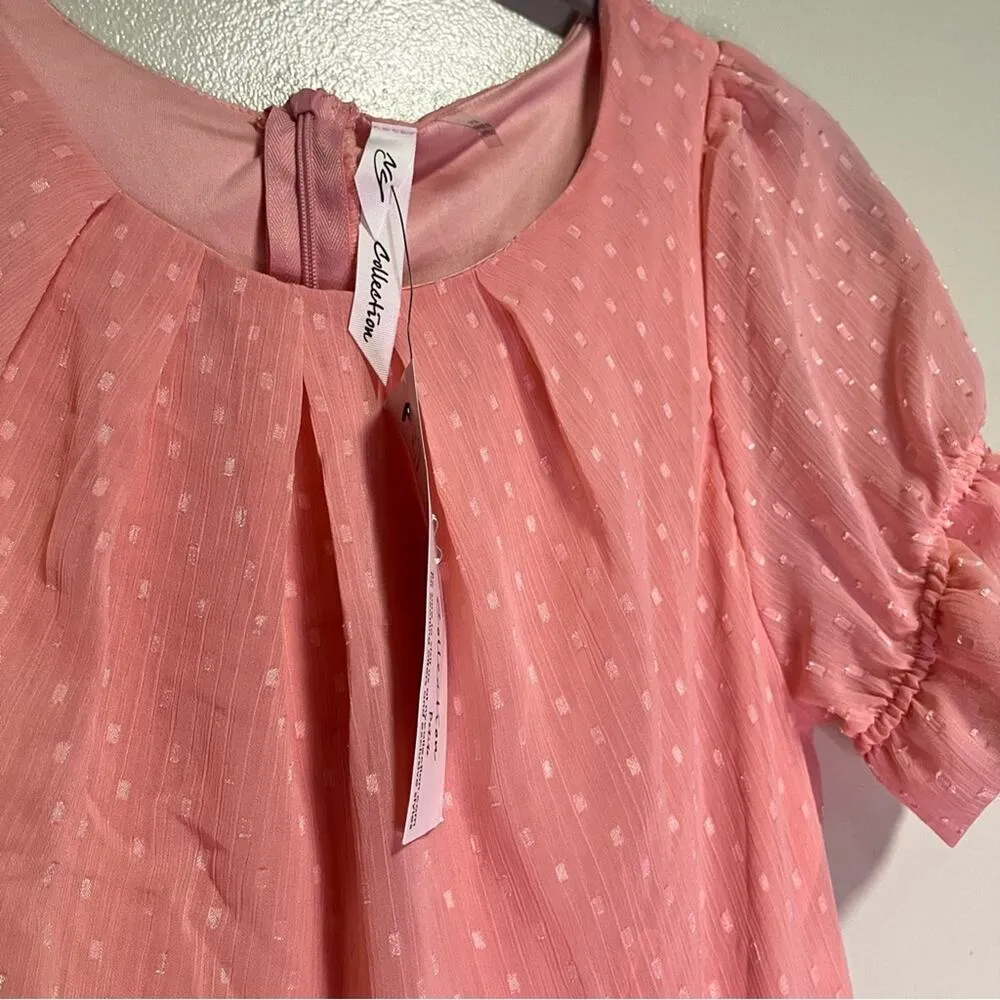 NWT NY Collection Pink Swiss Dot Short Sleeve PM Midi Dress Pleated Neck Modest - Image 7