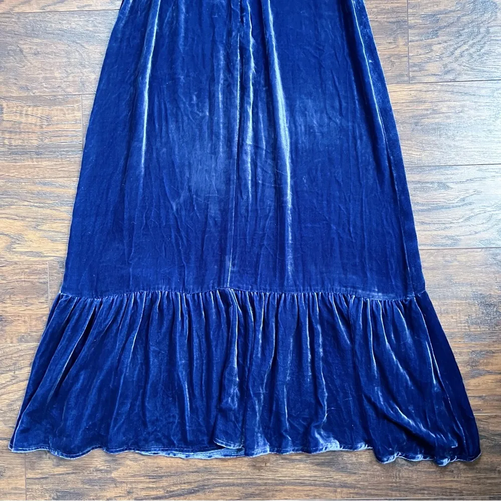 Reformation • Suzanne Dress blue silk velvet Danube midi puff sleeve ruffle hem - Image 14