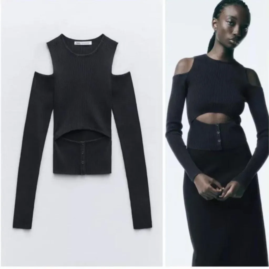 ZARA  Charcoal Ribbed Knit Sweater With Cutout Size Small NWT - Image 2