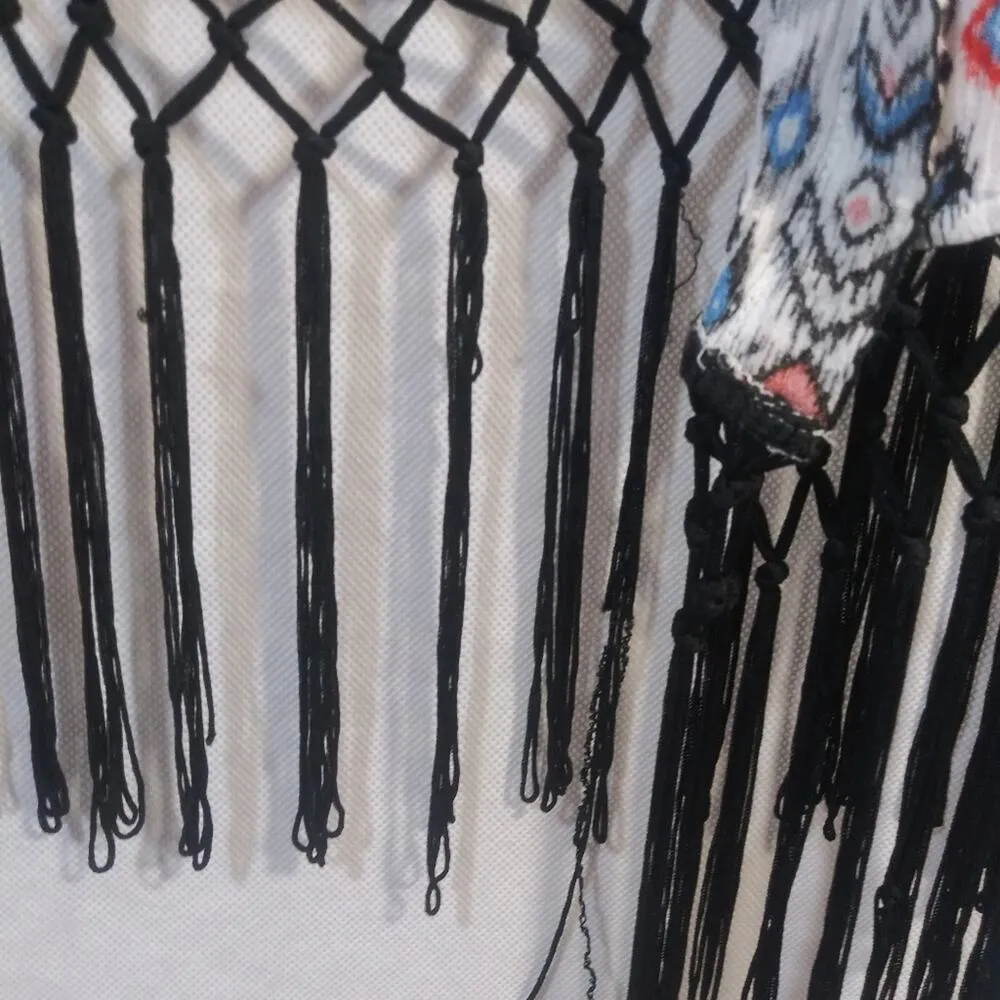 Skies Are Blue Light Weight Fringe Open Shrug Cardigan Beachy Boho Size L - Image 6