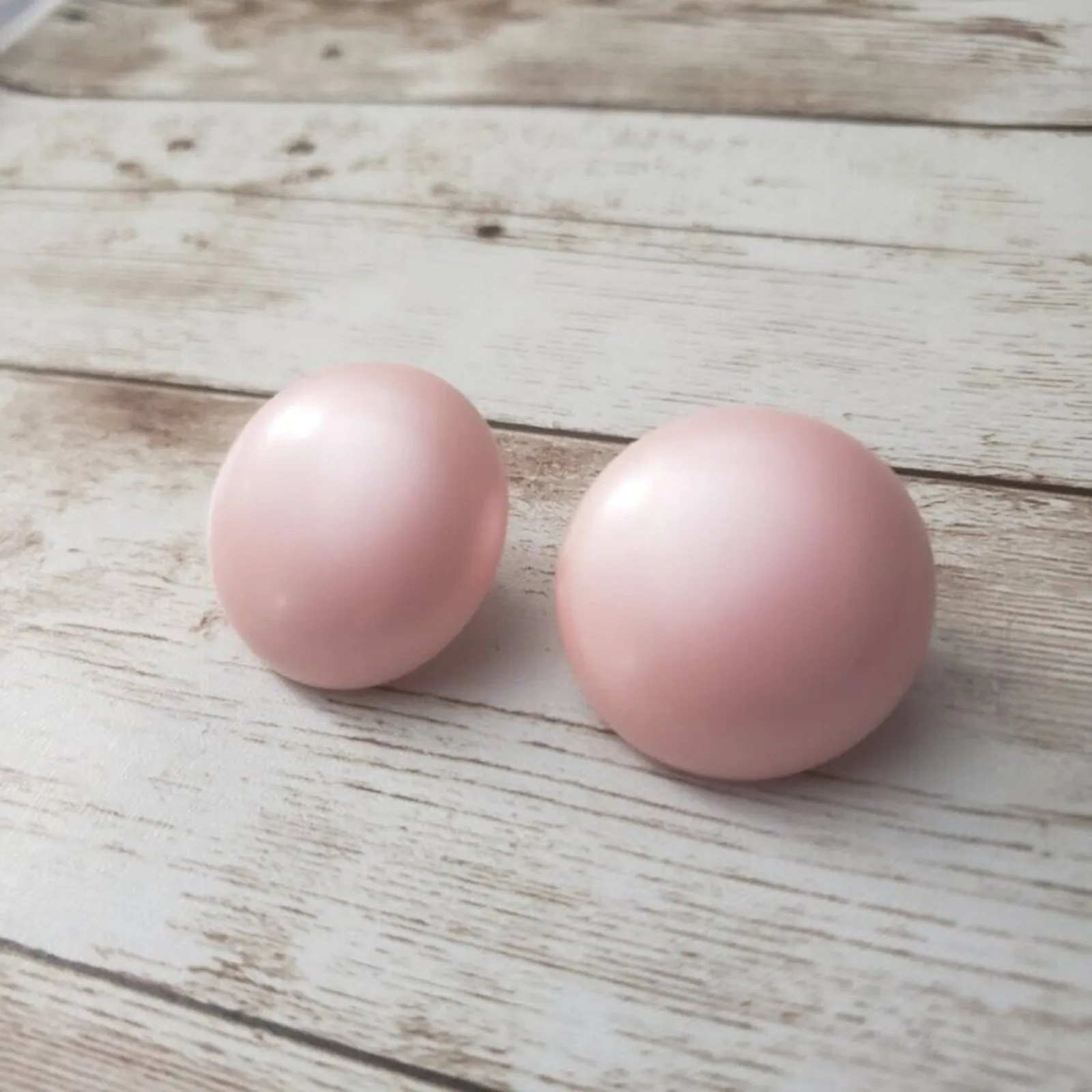 Vintage Clip On Earrings Baby Pink Circle Slightly Shiny 1 & 1/8" - Image 2