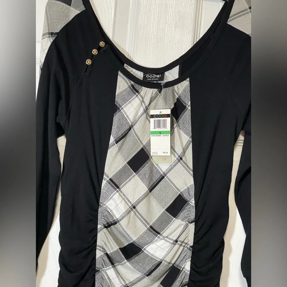 Coogi Bodycon Plaid Dress Long Sleeve Mini Black White Sz Large Vintage Y2K 90s - Image 5