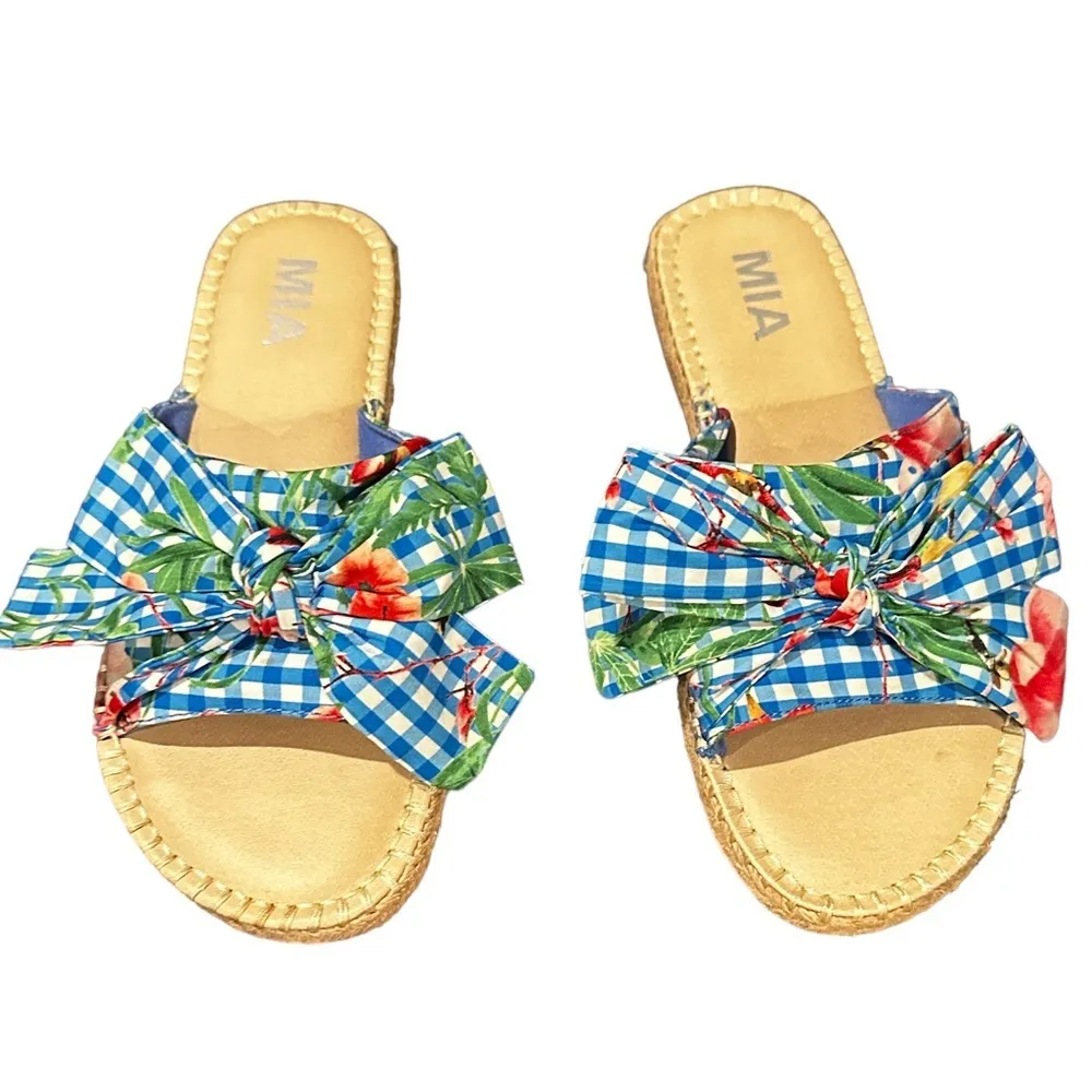 MIA BOW BLUE FLORAL GINGHAM ESPADRILLES SANDAL SLIDES 8 - Image 2