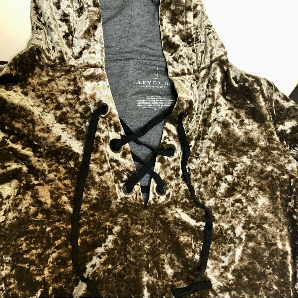 Juicy Couture Y2K Olive Green Crushed Velvet Hoodie Girlie Metallic Oversized XS - Image 5