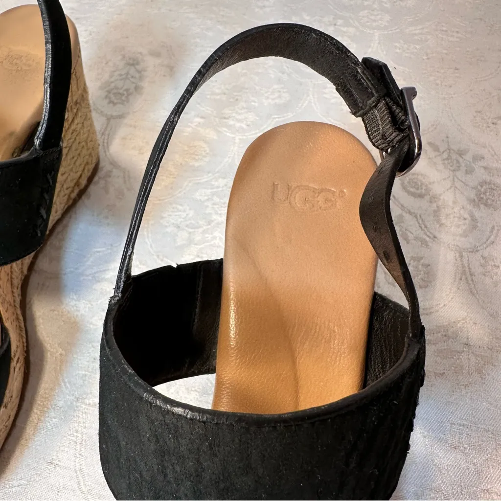 UGG Elena Black Leather Platform Wedge Strap Sandal Heels Size 7.5 - Image 7