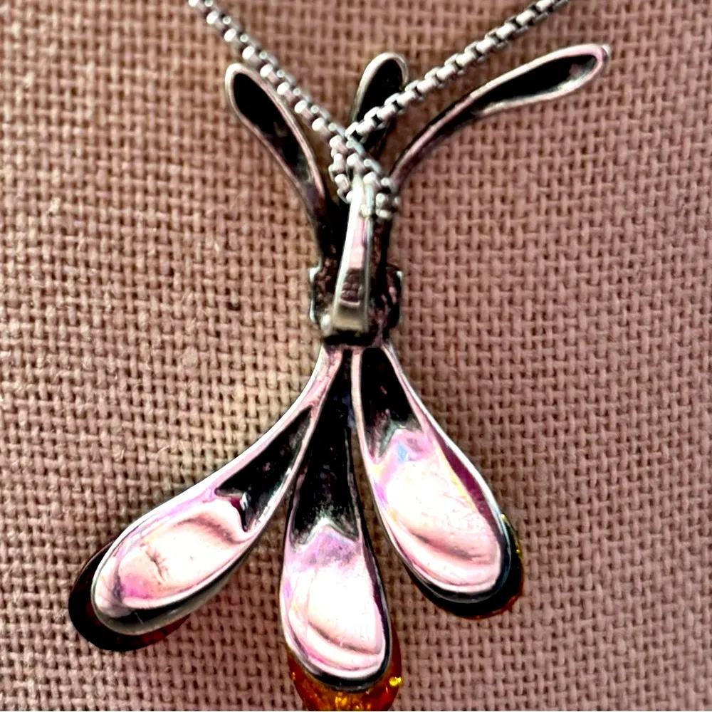 925 Sterling Silver Baltic Amber Floral Pendant Necklace Honey Cognac Green - Image 8