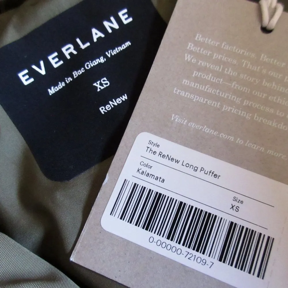 NWT Everlane The ReNew Long Puffer in Kalamata Green Primaloft Hooded Coat XS - Image 3