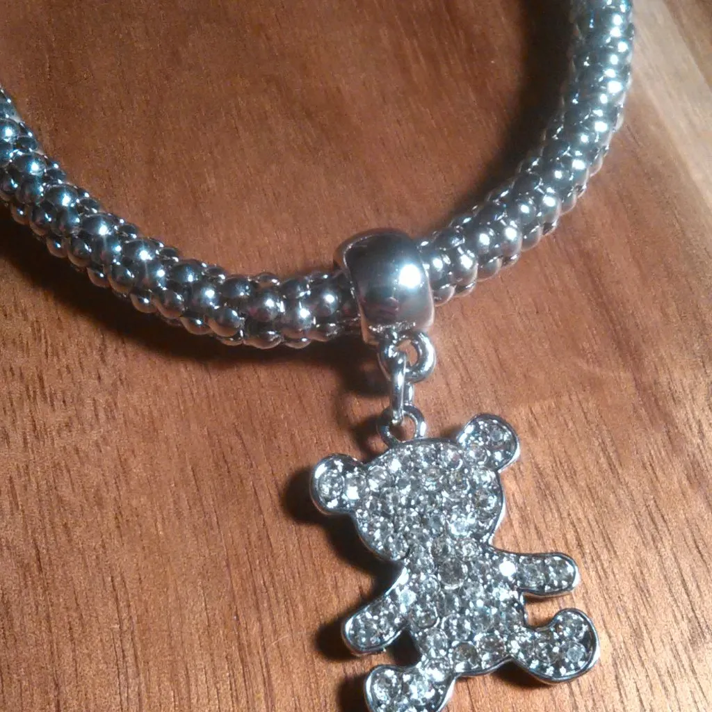 White Austrian Crystal Teddy Bear Silvertone Stretch Bracelet - Image 2