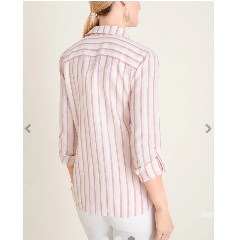 Chico’s Linen Metallic Striped Roll-Tab Button Front Shirt NEW Size 1 - Image 2
