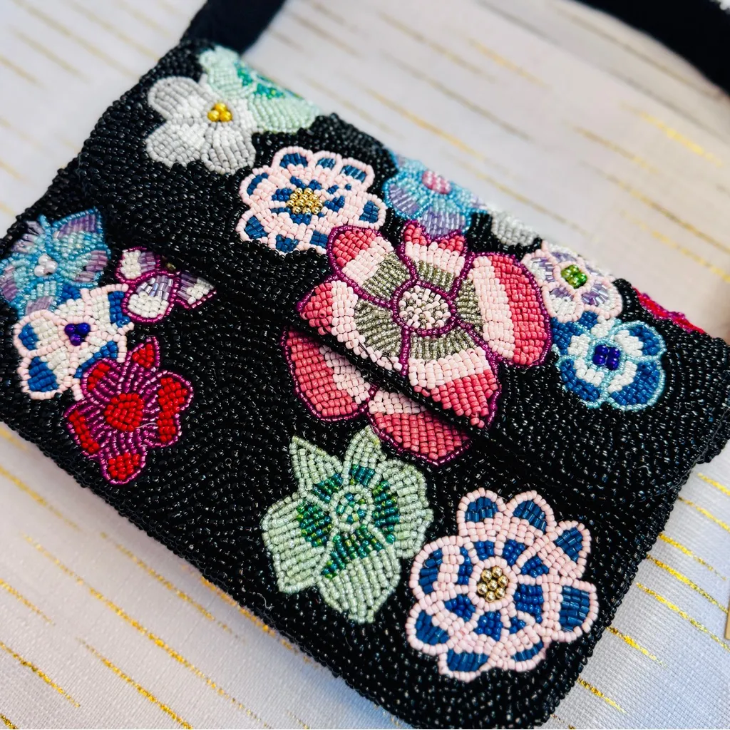 Beaded Floral Shoulder Bag | Black Mini Purse | Statement Evening Bag | NWT - Image 6