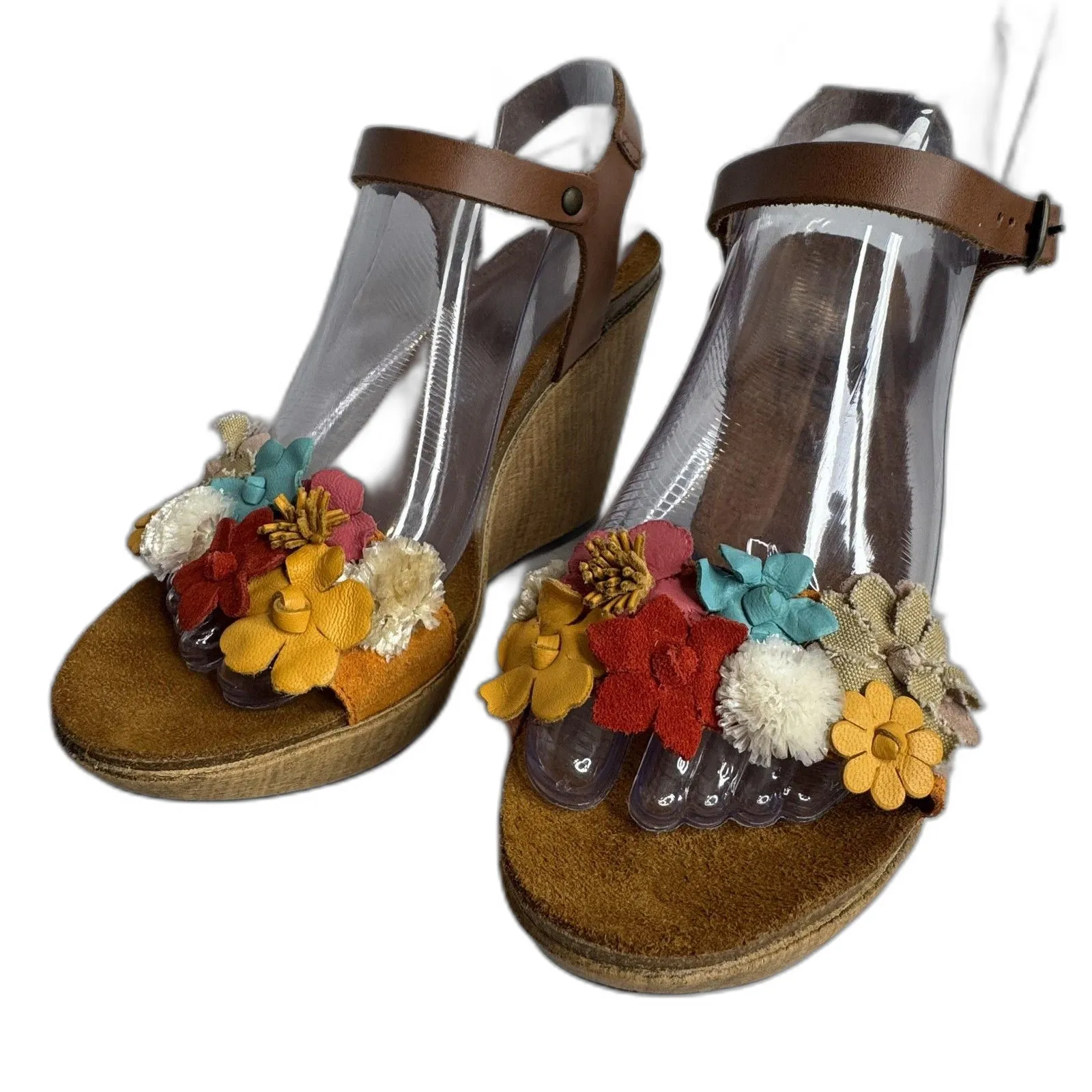 BioStep Floral Embellished detail cork Wedge heels leather size 8 boho chic girl - Image 3