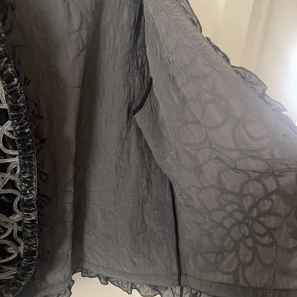 VTG CHICO Grey Metallic floral JACKET Blazer Bohemian Ruffle Artisan Sz 2 - Image 8