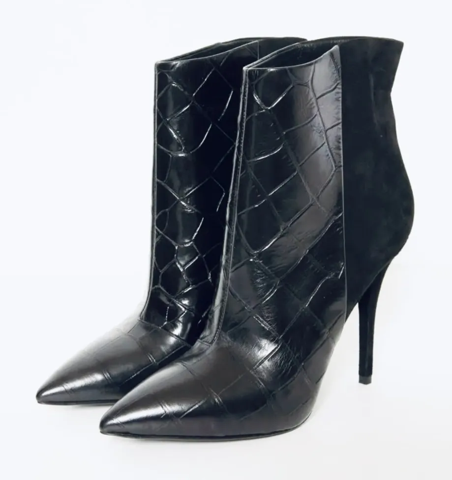 BRIAN ATWOOD Black Suede Embossed Croc Leather Pointed Toe Heel ankle Bootie - Image 1