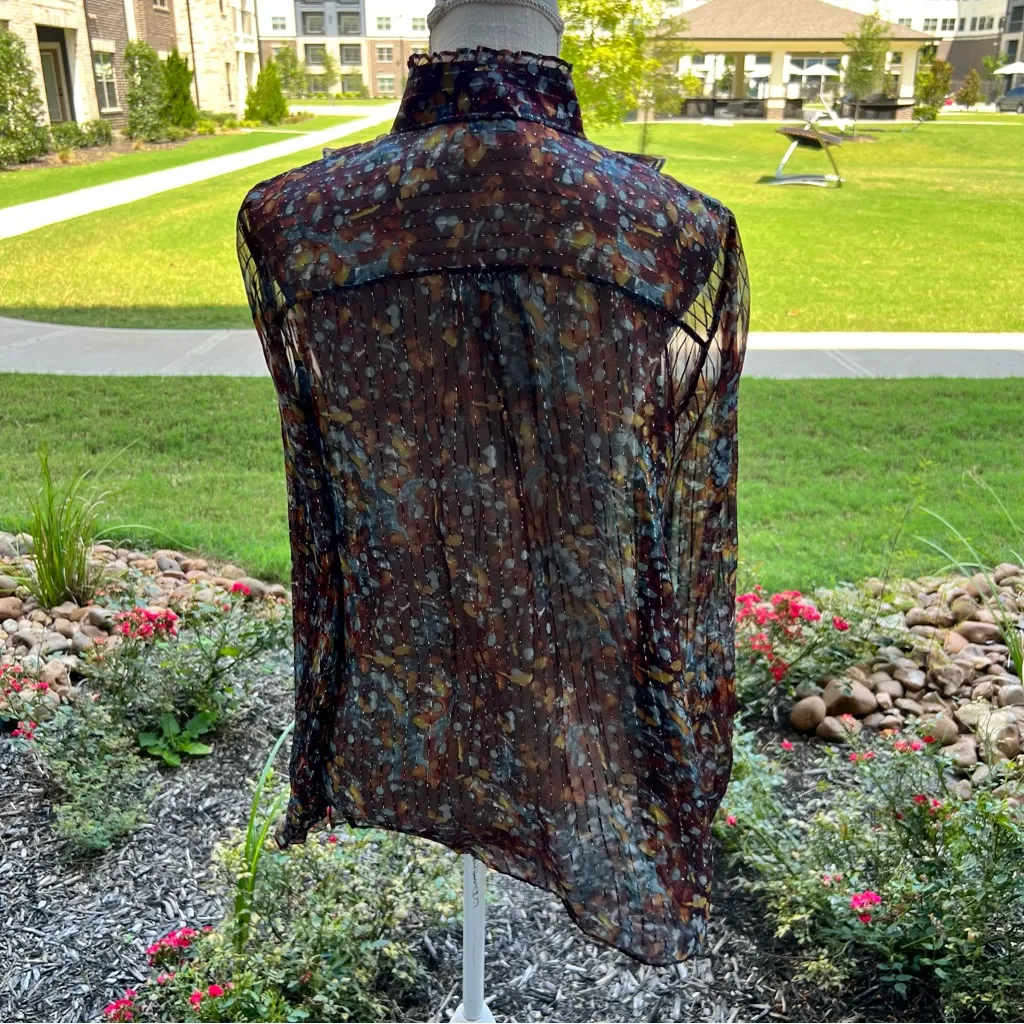 Lafayette 148 Harlan Floral SilkBlend Sheer Long Sleeve Blouse Brown Size M - Image 8