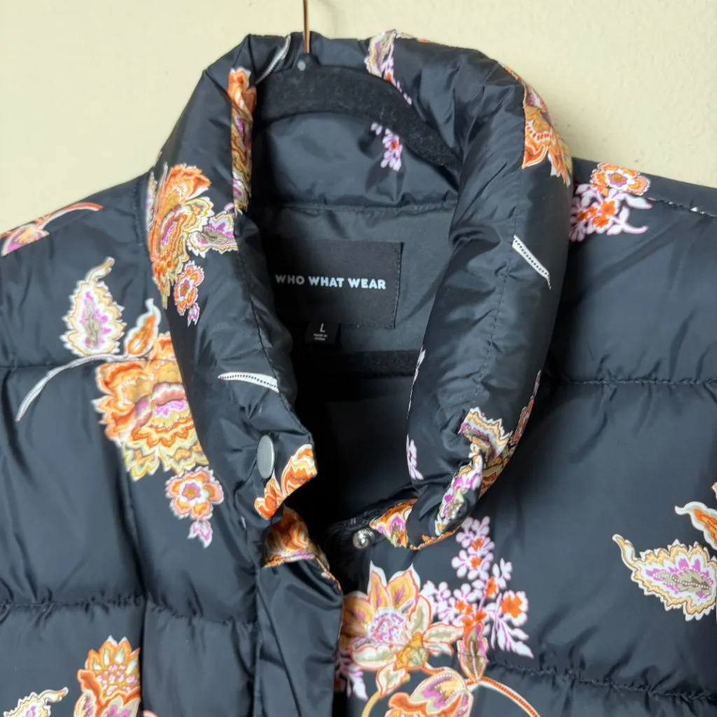 WHO WHAT WEAR Cinch Waist Floral Black Quilted Puffer Size large - Image 4