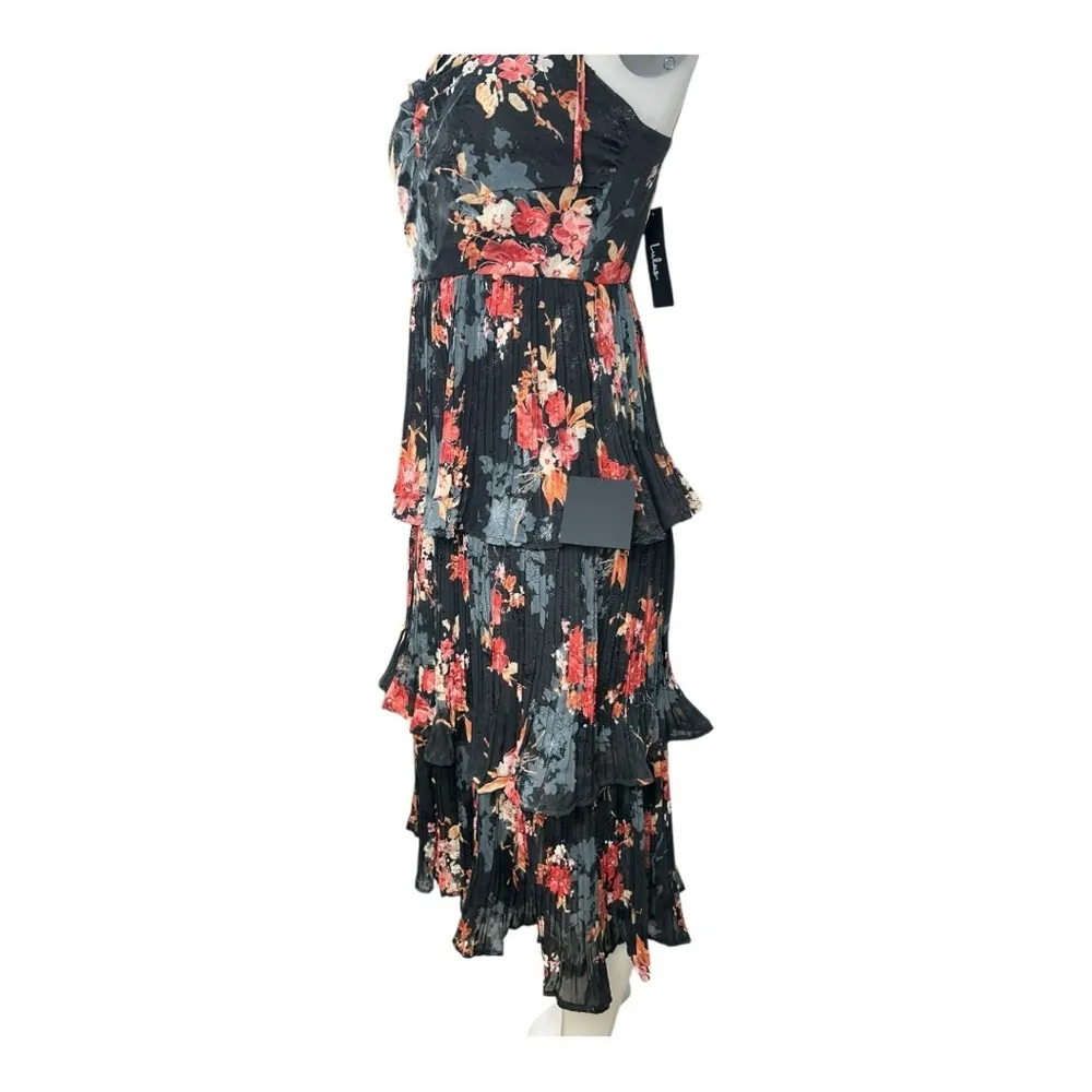 Lulus | Tier to Stay Black Floral Print Tiered Tie-Strap Midi Dress size M New - Image 12