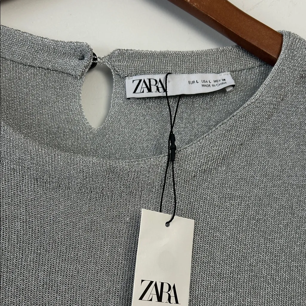 Zara|Elegant Metallic Silver Top sz L - Image 3