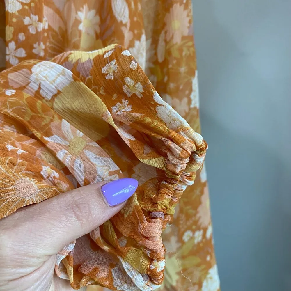 O.P.T X Anthropologie Orange Floral Sheer Smocked Long Sleeve Blouse - Image 7