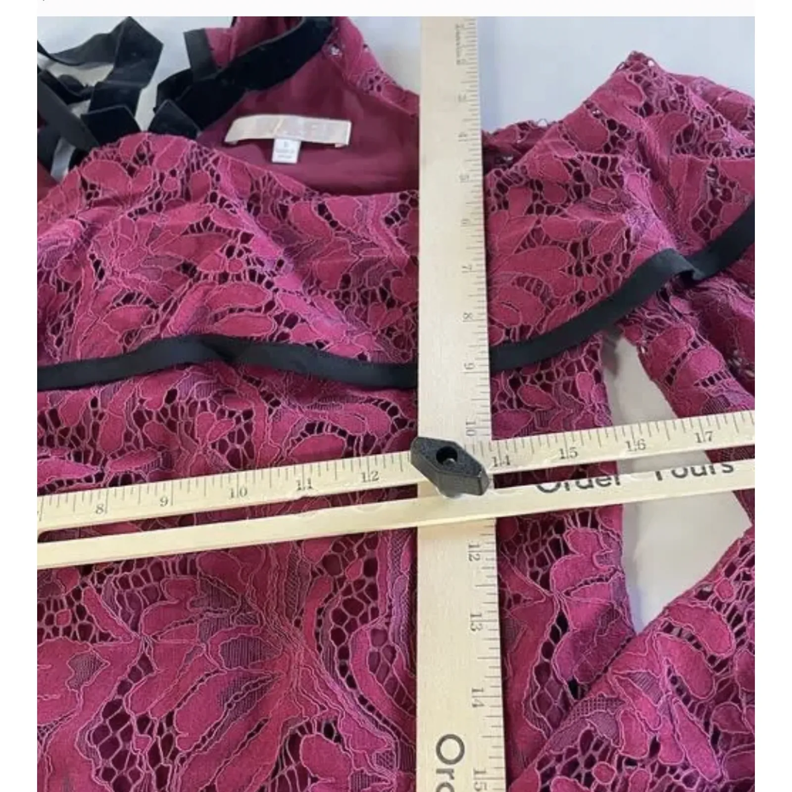 WAYF Lace Blouse Womens Small‎ Burgundy Off Shoulder Sheer Helena Ruffle Tie - Image 10