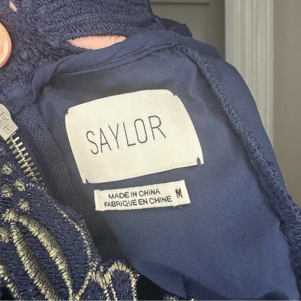 SAYLOR Revolve Dress Navy Blue Gold Floral Lace High Neck Mini Dress Sz M - Image 14