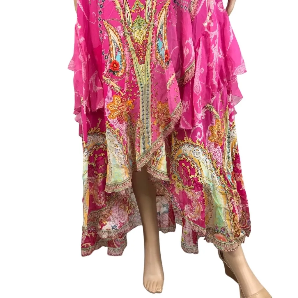 CAMILLA Silk Crystal Embellish Rufle Assym Wrap Dress Rainbow Rhythm Luxury Rare - Image 6