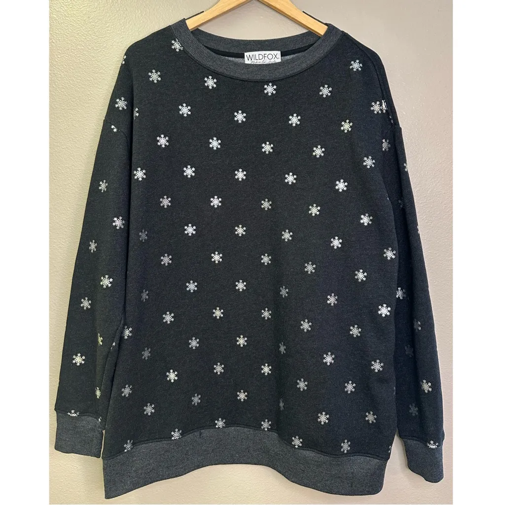 Wildfox Silver Metallic Snowflake Dark Gray Road Trip Sweatshirt - Image 2